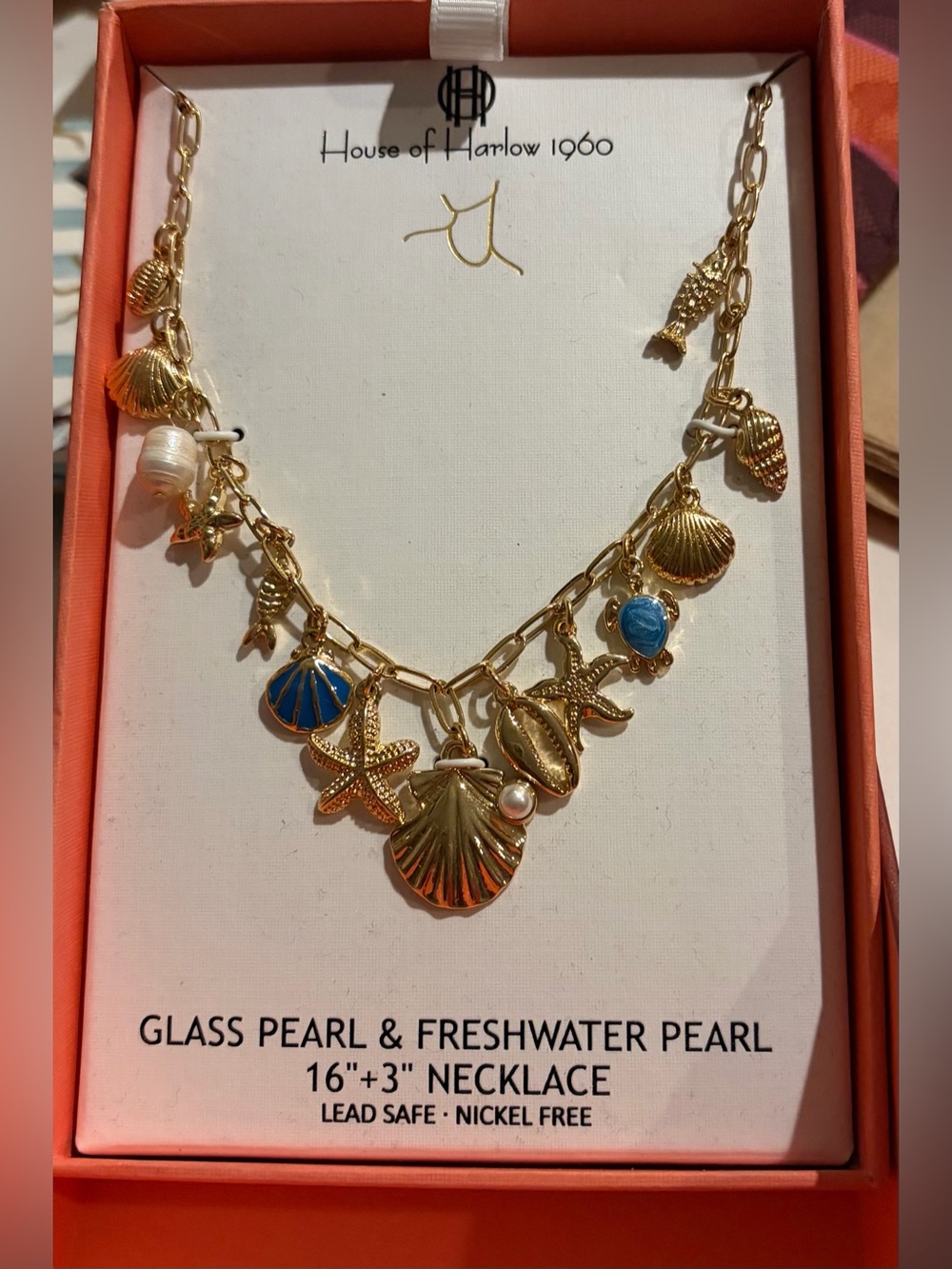 House of Harlow 1960 Gold-tone Shell & Pearl Charm Necklace with Blue Accents
